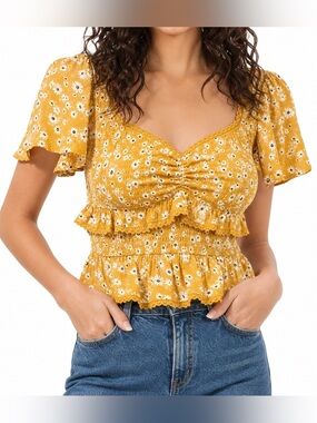 Astr mustard yellow daisy peplum top, medium